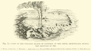 Utsikt över den vulkaniska ön Santorin, i den grekiska skärgården, under utbrottet 1866 av English School