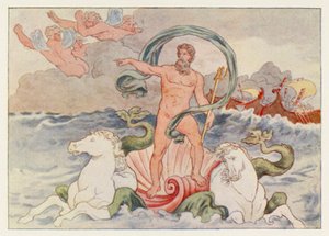 Virgils Aeneid: Neptunus stillar vågorna (färg litho) av English School