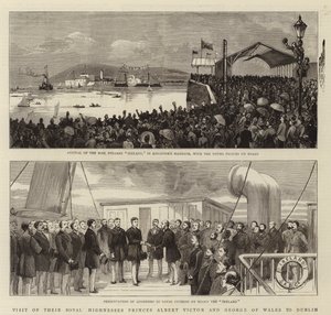 Besök av deras kungliga högheter prinsarna Albert Victor och George av Wales i Dublin (gravyr) av English School