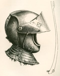 Visirhjälm från ca 1643. Biten på sidan är visirets stöd, full storlek, som används för att hålla upp visiret i olika vinklar beroende på vilken skåra som används, från The British Army: Its Origins, Progress and Equipment, publicerad 1868. av English School