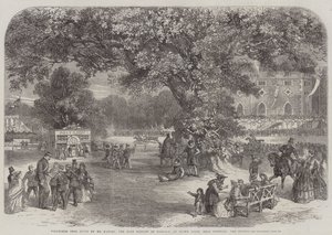 Volontärfest ges av Mr Harvey, High Sheriffen i Norfolk, på Crown Point, nära Norwich, the Sports (gravyr) av English School