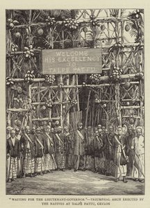 "Väntar på löjtnanten-guvernören", triumfbåge uppförd av de infödda i Talpe Pattu, Ceylon (gravyr) av English School
