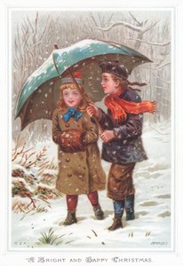 Går under paraply i snöstorm, julkort av English School