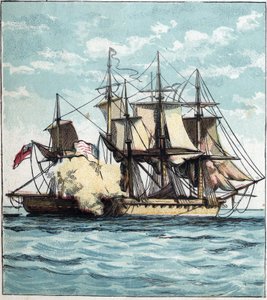1812 års krig mellan USA och Storbritannien: Chesapeake-fregatten under sjöstriden mot den brittiska fregatten "" Shannon"" den 1/06/1813 utanför Boston. "Chesapeake och Shannon" av English School