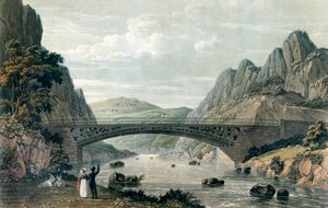 Waterloo Bridge över floden Conwy, Wales (färggravyr) av English School