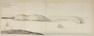 Västra ingången till Cork Harbour, från Kidds, eller Cow and Calf, till Cross Beg Island; West Entrance of Cork Harbour, som visar Halbowlin Island, Spike Island och Cross Haven, ca 1684 (penna & bläck & akvarell på papper) av English School