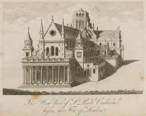 Väster utsikt över St Pauls Cathedral, före den stora branden i London av English School