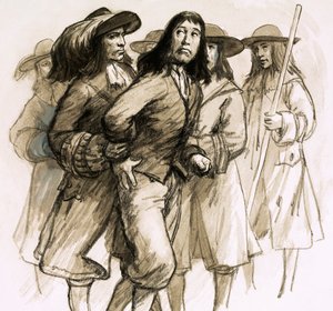 När James II abdikerade flydde den hatade domaren Jeffreys för sitt liv (gouache på papper) av English School