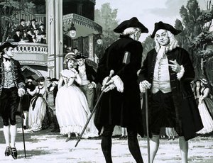 William Hogarth tar en promenad i Vauxhall Gardens (gouache på papper) av English School
