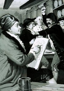 William Hogarths allra första satirteckning var inspirerad av ett krogbråk (gouache på papper) av English School