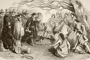 William Penn sluter ett fördrag med Delaware- eller Lenape-indianerna 1682 (litho) av English School