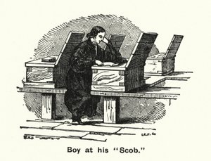 Winchester College: Boy at his "Scob" (gravyr) av English School