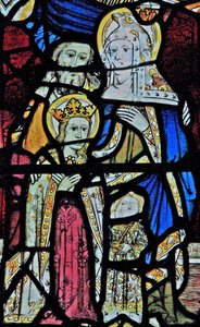 Window Ew föreställande St Anne, Joachim, Jungfru Maria och Kristusbarnet av English School