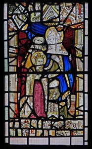 Window Ew föreställande St Anne, Joachim, Jungfru Maria och Kristusbarnet av English School