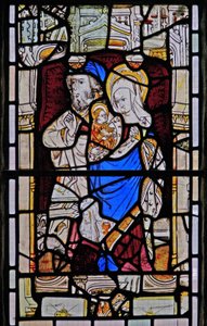 Window Ew föreställande St Anne, Joachim, Jungfru Maria och Kristusbarnet av English School