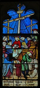 Window SaEw som visar en scen från en legend om St Nicholas: spannmålsfartygen lossar vid Myra av English School