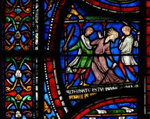Fönster n2 som visar en scen från ett St Thomas Becket Miracle-fönster: Mad Matilda of Colognes story av English School