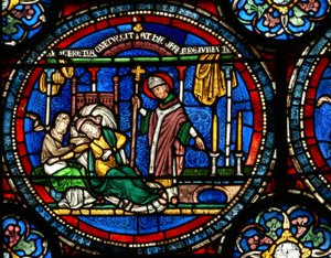 Fönster n4 som visar en scen från ett St Thomas Becket Miracle-fönster: Julia Puintel uppmanas att gå till graven av English School