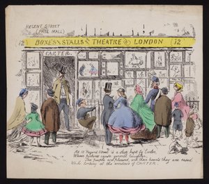 Window of Carters humoristiska tryckeri, Regent Street London (färgad gravyr) av English School