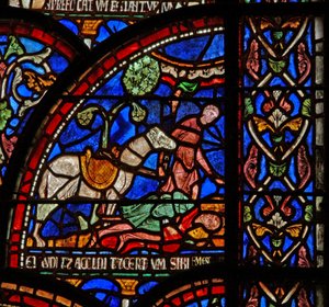 Windows 7 som visar en scen från ett St Thomas Becket Miracle-fönster: William av Gloucester är begravd men hans röst hörs av English School