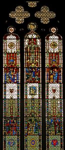 Fönster w31 som visar ett sammansatt fönster med St Edmund, St William, St George, Annunciation, Adoration of the Magi av English School