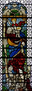 Fönster w36 föreställande St Christopher - en hybridfigur av franskt C16 och engelskt C15 glas sammansatt 1956 av English School