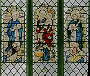 Fönster w4 som visar Pietan med St Dominic och St Peter Martyr: små donatorfigurer av English School