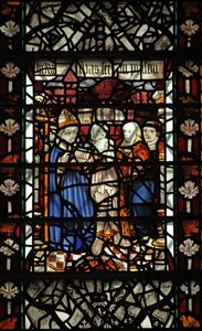Fönster w58 föreställande St Thomas Becket med en fånge och 2 andra figurer av English School