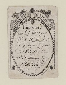 Vinhandlare, Joseph Allicocke, handelskort av English School