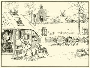 Vinterscen i en by. 14th Cent (bläck på papper) av English School