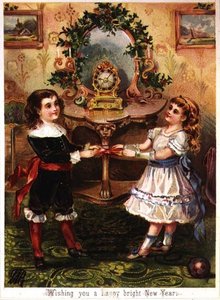 "Önskar dig ett gott ljust nytt år", viktorianskt hälsningskort (färgad gravyr) av English School