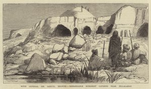 Med general Sir Samuel Browne, anmärkningsvärda buddhistiska grottor nära Jellalabad (gravyr) av English School