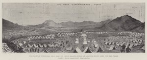 Med Tirah Expeditionsstyrkan, fågelperspektiv över brigadgeneral Ian Hamiltons brigad, Barkai Camp, Bara Valley (litho) av English School