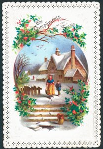 Kvinna och pojke som går i snön, julkort av English School