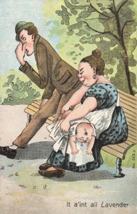 Kvinna som ändrar en baby i parken (färg litho) av English School