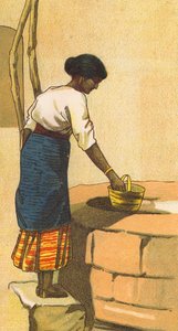 Kvinna hämtar vatten från en brunn i Sri Lanka (färglitografi) av English School