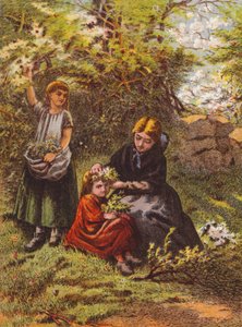 Kvinna sätter blommor i håret på en flicka (färglitografi) av English School