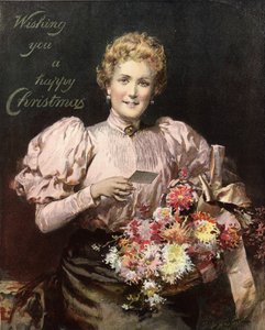 Kvinna som håller en bukett blommor, med legenden, önskar dig en god jul