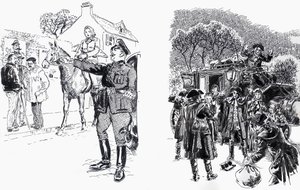 Kvinna till häst med officer plus Highwaymen av English School