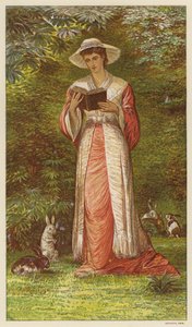 Kvinna som läser en bok i en trädgård med kaniner (färg litho) av English School