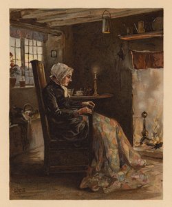 Kvinna syr ett lapptäcke (chromolitho) av English School