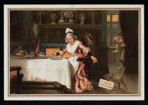 Kvinna som tar te med sin katt, julhälsningskort. (chromolitho) av English School