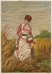 Kvinna som gör intrång i ett sädesfält (färg litho) av English School