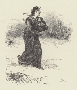 Kvinna med baby i snö (gravyr) av English School