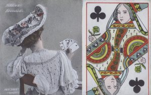 Kvinna med spelkort och klubbarnas drottning (färg litho) av English School