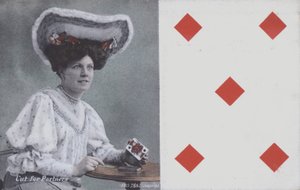 Kvinna med spelkort och de fem av diamanter (färg litho) av English School