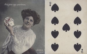 Kvinna med spelkort och spader nio (färg litho) av English School