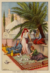 Kvinnor matar duvor på ett tak i Tunis (färglitografi) av English School