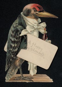 Hackspett klädd som servitör eller butler, julhälsningskort (chromolitho) av English School