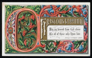 Ord från en anglo-normandisk julsång, julhälsningskort. (chromolitho) av English School
